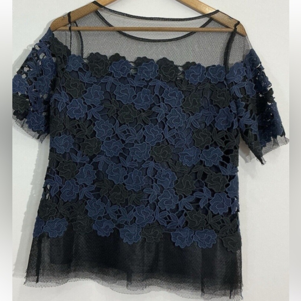White House Black Market Black Sheer Top with Navy Floral Appliqué